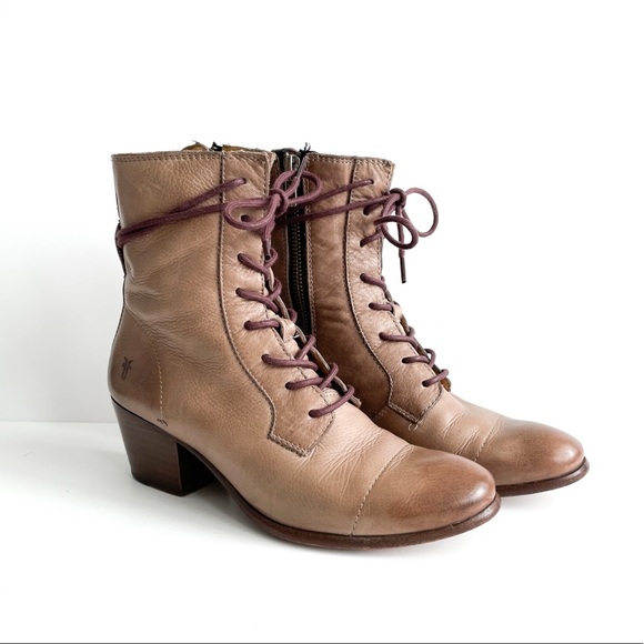 Frye Shoes - Frye Courtney Beige Lace Up Heeled Combat Boots